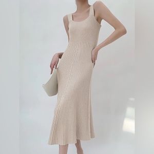 Commense Knit Ribbed Sweater Midi Dress in Beige, Size S - NWT